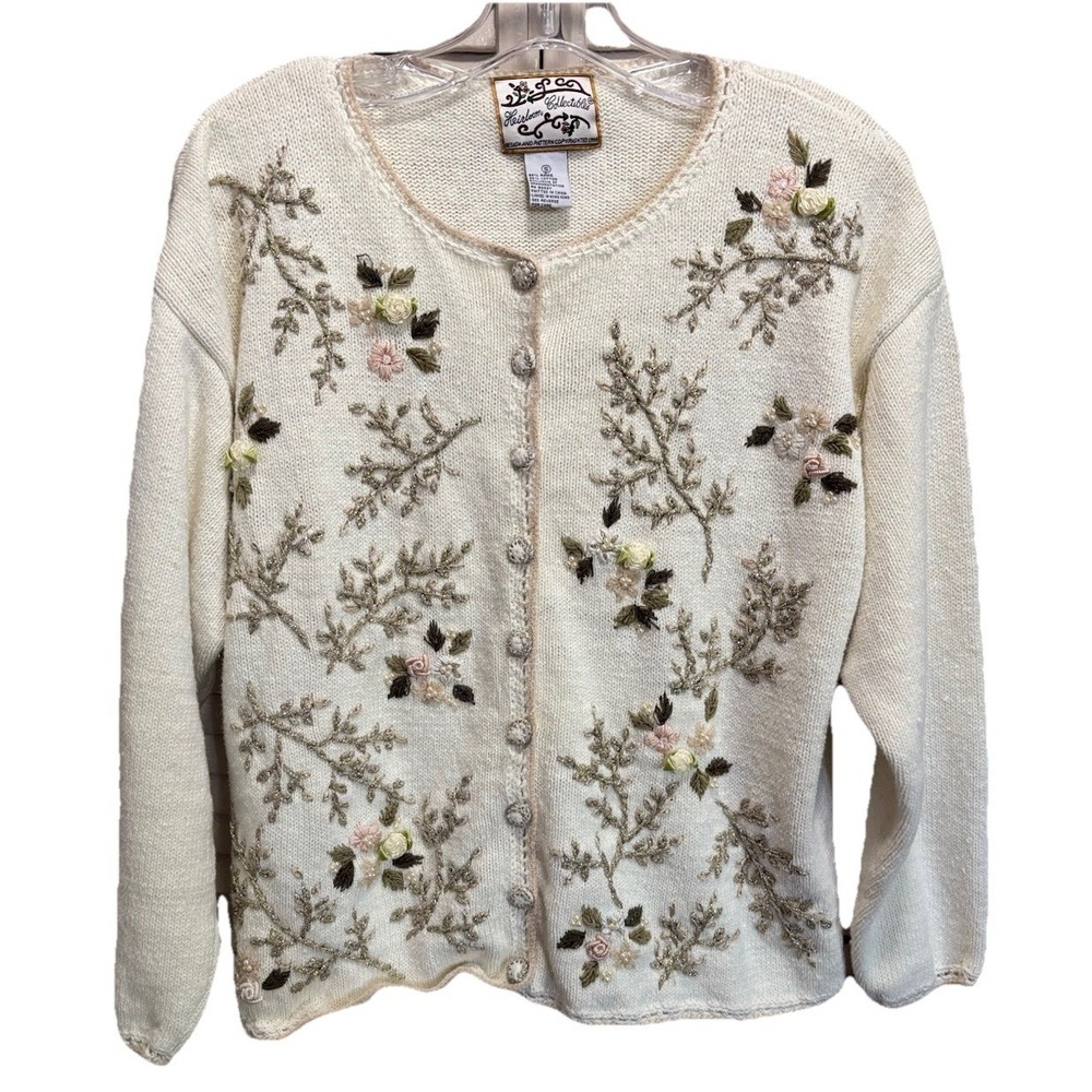 Vintage Heirloom Collectibles Embroidered Cardigan Sweater Small Beads Button Up